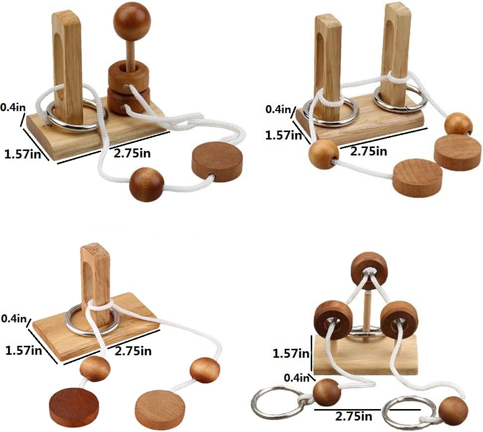 Brain Teaser Puzzle Classic Wooden Threading Rope Loop Puzzle Luban Lock Brain Teaser(4 Pack)