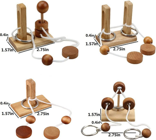 Brain Teaser Puzzle Classic Wooden Threading Rope Loop Puzzle Luban Lock Brain Teaser（4 Pack）