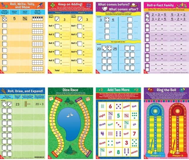 Math Mat Dice Games for Kids Ages 5 – 7 – Engaging Math Games – Dice Math Games for Addition, Subtraction, and More – Educational Games for School or Home – 8 Double-Sided Games