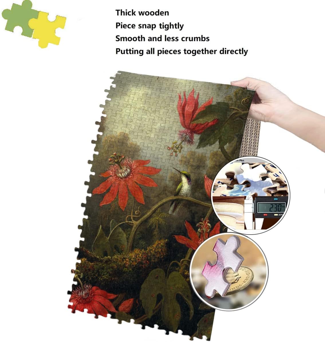 Hummingbird Puzzle 1000 Pieces - Hummingbird and Passion Flowers in Rocky Mountain, Wooden Painting Jigsaw Puzzle, Large Poster Reference, Beautiful Nature Flower Puzzle for Adult, Kid