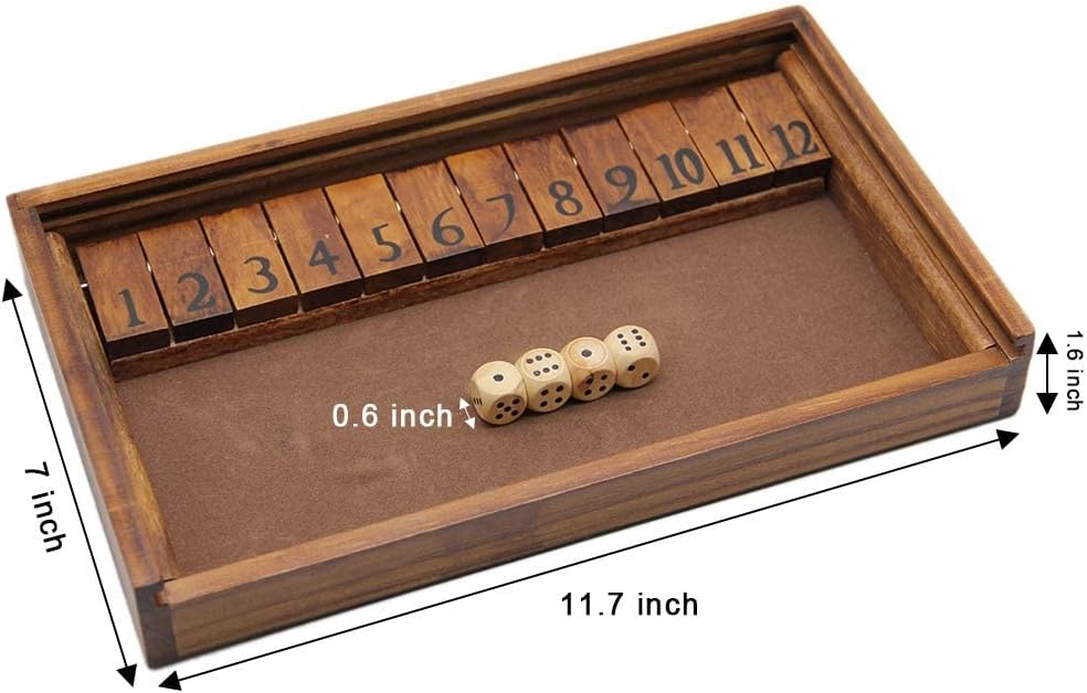 Shut The Box Wooden Board Dice Game with 12 Numbers and Lid for Kids Adults Families, 2 Players and Up