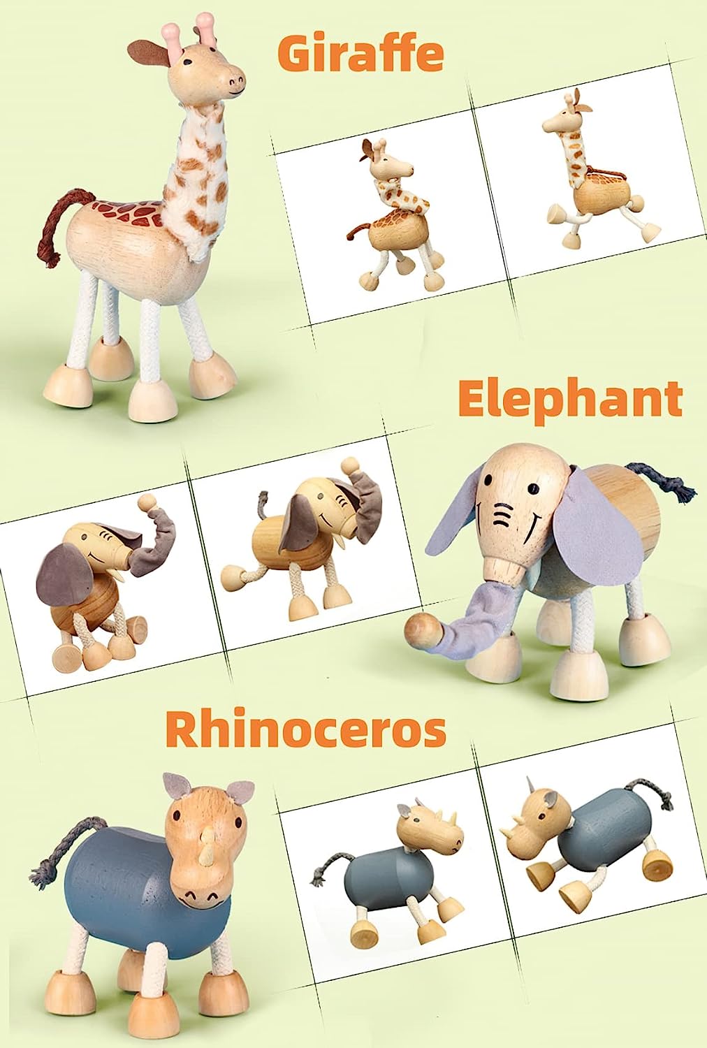 14 Pack Bendable Wooden Animal Figurines Toys, Smooth Natural Wood Zoo Farm Jungle Safari Animals Figures Toys, Preschool Learning & Education Toys for Toddlers Kids