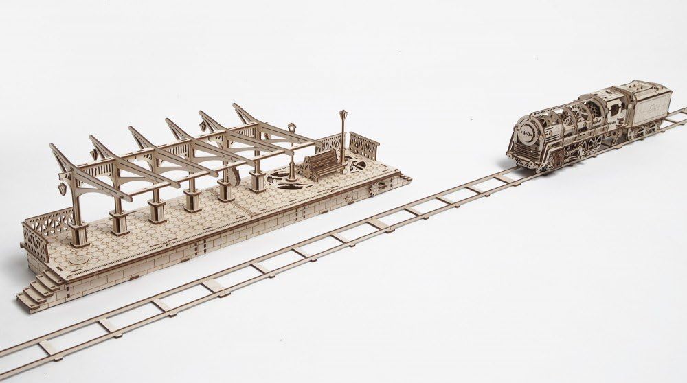 Bundle 3 in 1 Locomotive + Railway Platform + Rails Mechanical 3D Puzzle Eco-Friendly Gift Brainteaser DIY Teens Adults Boys Kids Toys