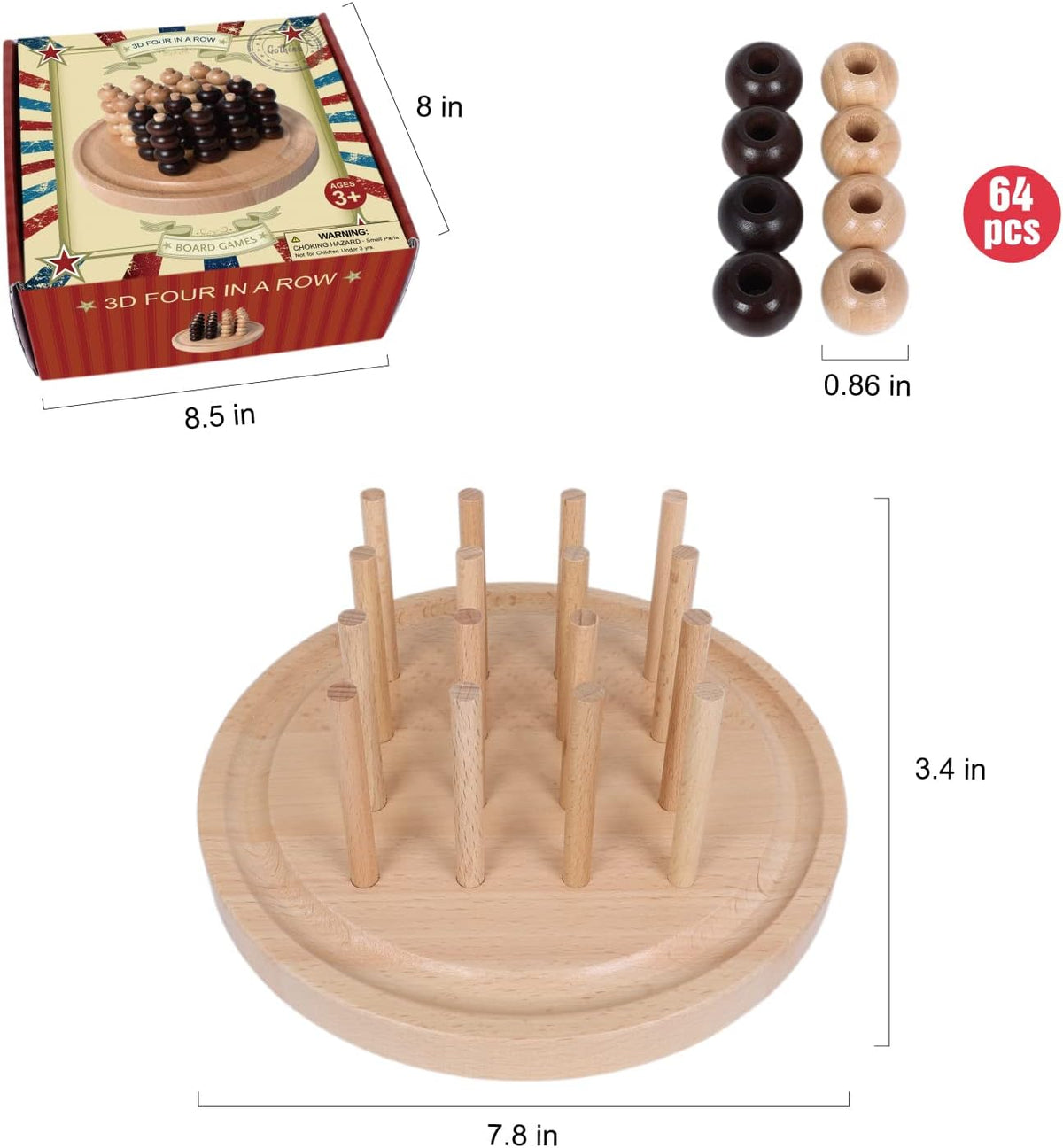 3D Four in a Row, Challenge Your Mind with Handmade Birch Wood Board Game for 2 Players, Perfect for Kids and Adults