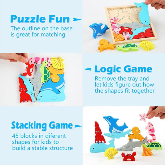 4 Wooden Puzzles for Toddlers Kids - Dinosaur Puzzles for 3 4 5 6 Years Old, Wood Animal Number Car Puzzles for Kids, Stacking Matching Learning Educational Toys for Boy Girl 2-4