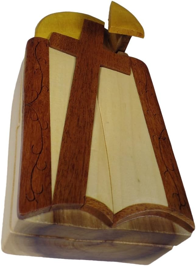 Cross and Bible Church Hand-Carved Puzzle Box with No Paints! No Stains! Hidden Felt Lined Interior That hides Jewelry, Gift Cards, or Money. No Two Will Ever be Identical! Pet Carvers