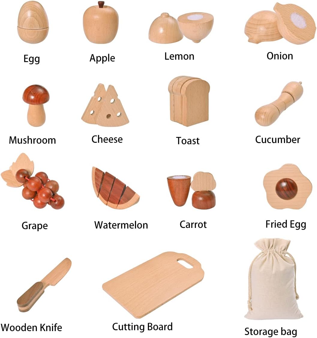 Wooden Play Food Sets for Kids Kitchen, Educational Toys, Cutting Pretend Kitchen Accessories for Toddlers with Storage Bag, Wooden Toys with Knife Cutting Board for Boys Girl
