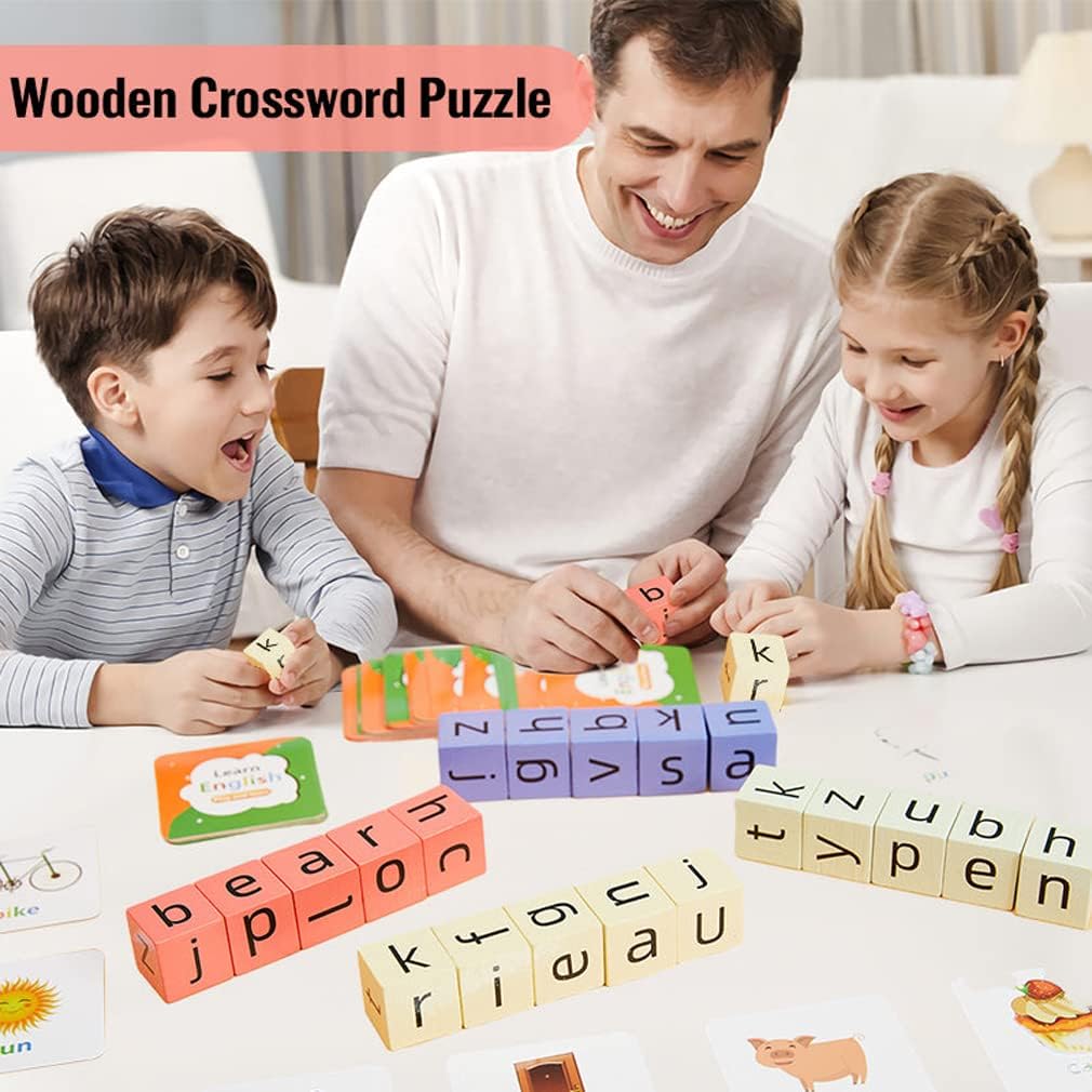 Matching Letter Game, Wooden Reading Blocks Short Vowel Rods Spelling Games, Letter Spelling and Reading Toys, Crossword Puzzle Learning Toys with 54 Educational Word Flash Cards (S)
