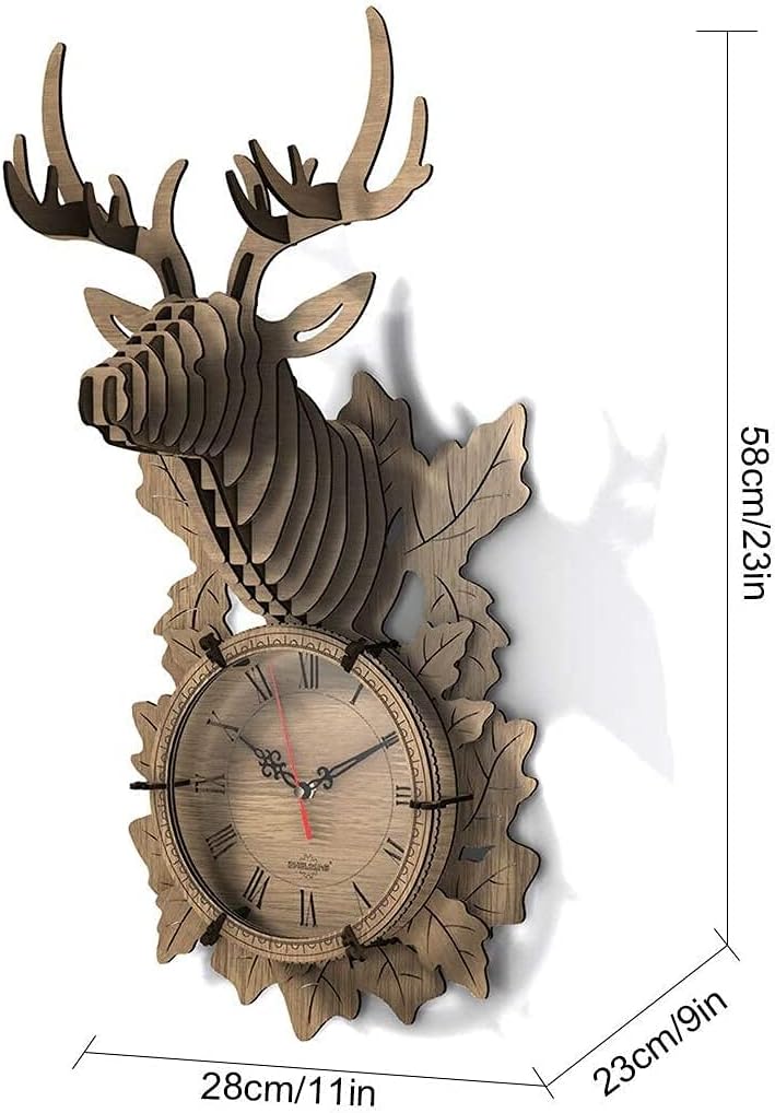 3D Wooden Puzzle 3D Wood Puzzle Clock,38Pcs DIY Wooden Clock Puzzle Model Kit Cutting 3D Deer Wall Hanging Clock DIY Crafts Kits ( Color : Black Walnut Color )