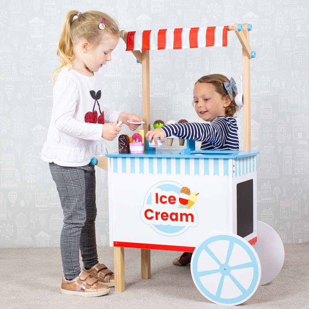Wooden Ice Cream Cart Toy - 18x Pieces of Ice Cream & Ice Lolly Toy Food with Spoons & Ice Cream Scoop, Quality Kids Ice Cream Cart