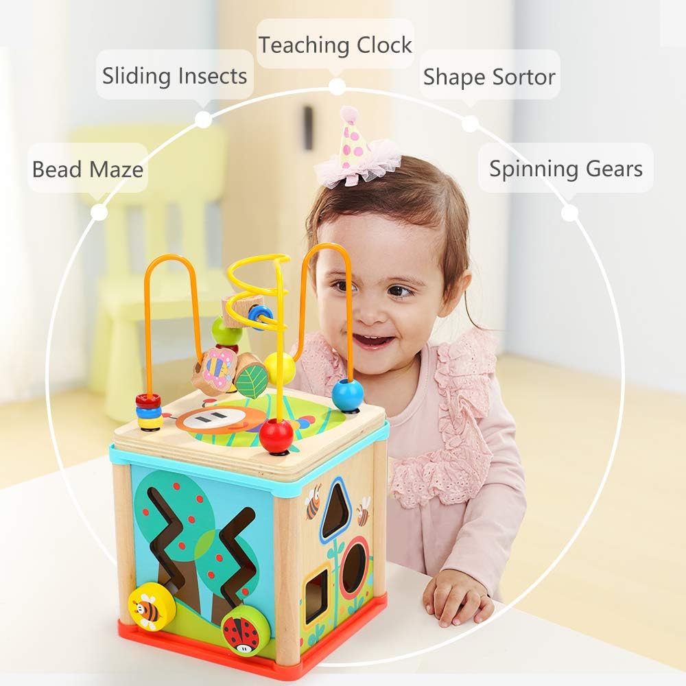 Activity Cube Toys for 1 Year Old Boy Girl, Wooden Toys for Toddlers, One Year Old First Birthday Gift, Baby Toy for 12-18 Months with Bead Maze Shape Sorter