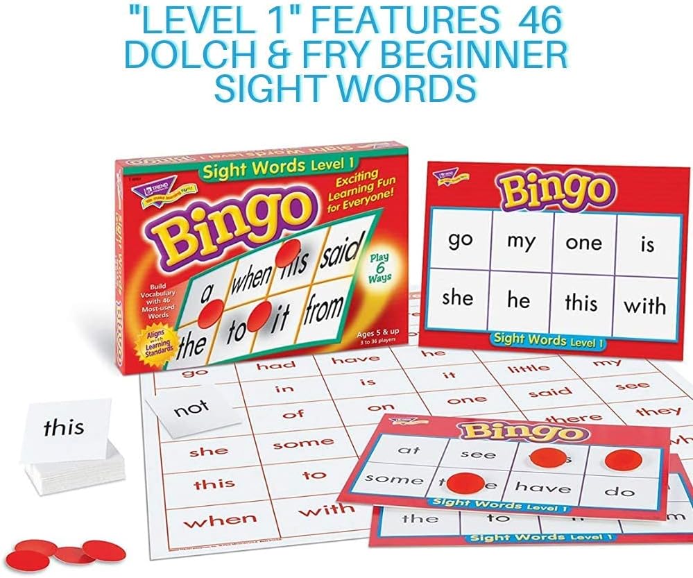 Sight Word Games for Kids - Sight Words Bingo for Kindergarten Thru Elementary – 2-in-1 Bingo Game – Kids Flash Cards Learning Games for Kids Ages 5-7 with Bonus Swagll Review Sheet