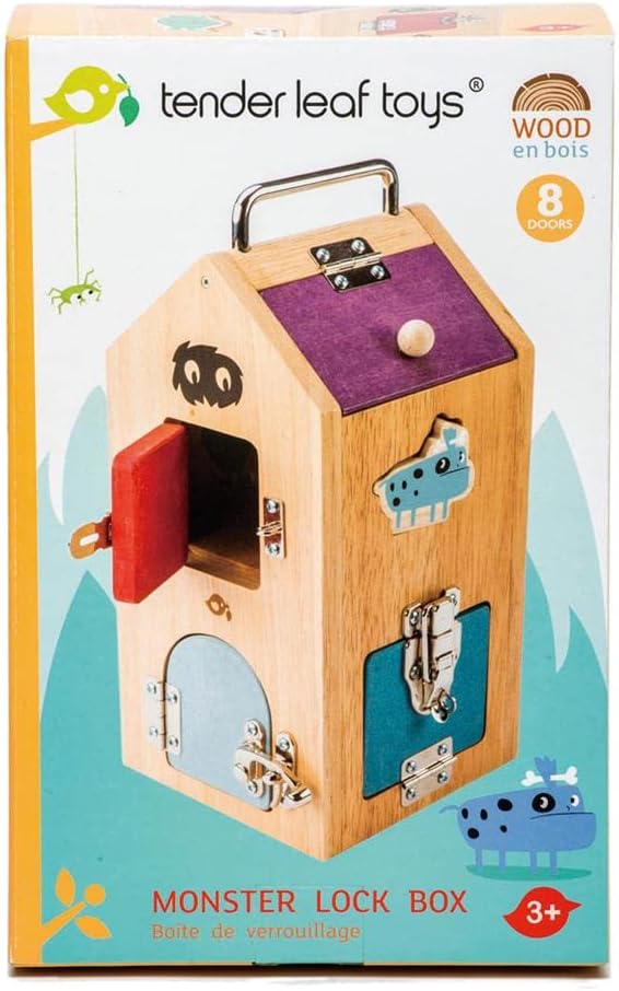 Wooden Monster Lock Box - 8 Different Doors with Various Lock Mechanisms Helps Develop Probelm Solving Skills - 3 +, Multicolor, 6.5" x 6.7" x 11.7"