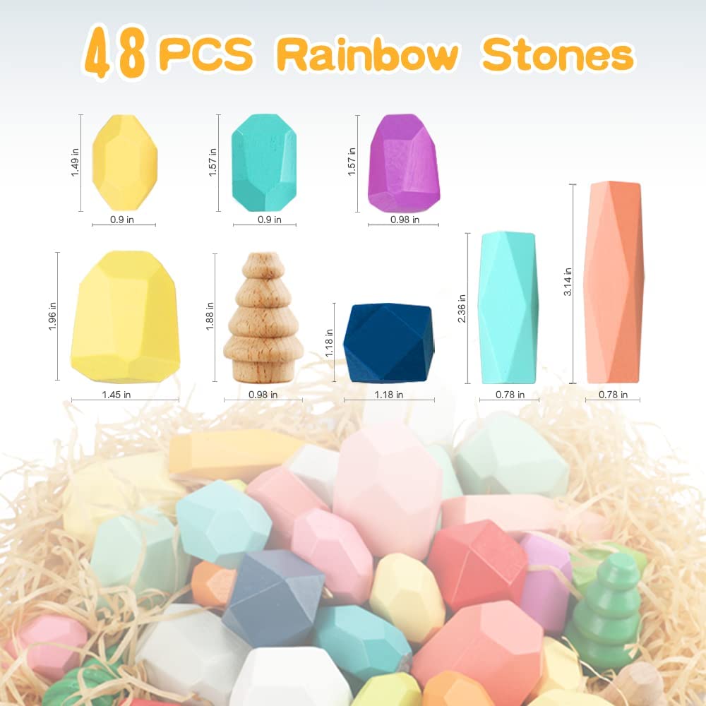 48PCS Toddler Wooden Stacking Building Blocks Toys for 1 2 3 4 5 6 Year Old Girls Boys Preschool Educational Sensory Toys for Toddlers 1-3 STEM Learning Toys Ages 2-4 Kids Toys Games Gift