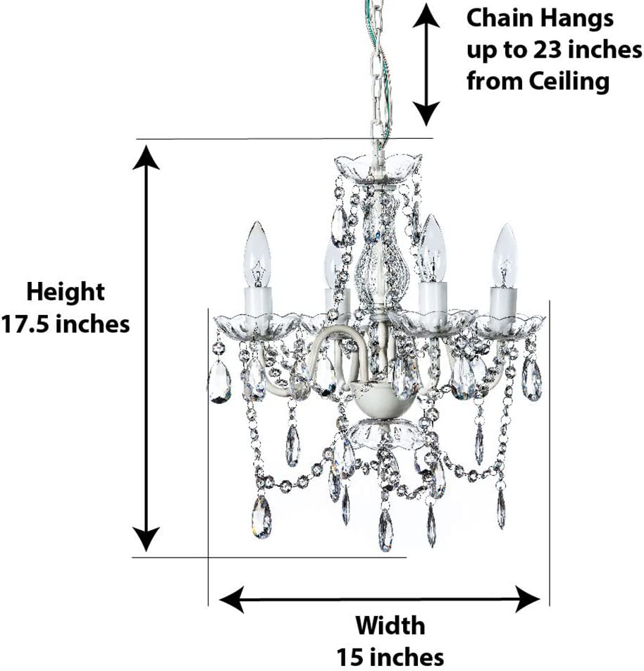 The Original 4 Light Crystal White Hardwire Flush Mount Chandelier H17.5”xW15”, White Metal Frame with Clear Glass Stem and Clear Acrylic Crystals & Beads That Sparkle Just Like Glass