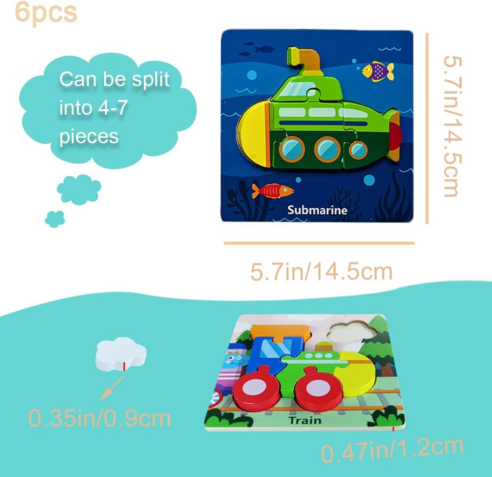 6 Pcs Wooden Puzzles Vehicle Jigsaw Gifts Puzzles Bright Vibrant Color Shapes Wood Jigsaw Puzzles Wooden Vehicle Toddler Puzzles with 6 Vehicle Shape for Toddler 3-5 Years Old