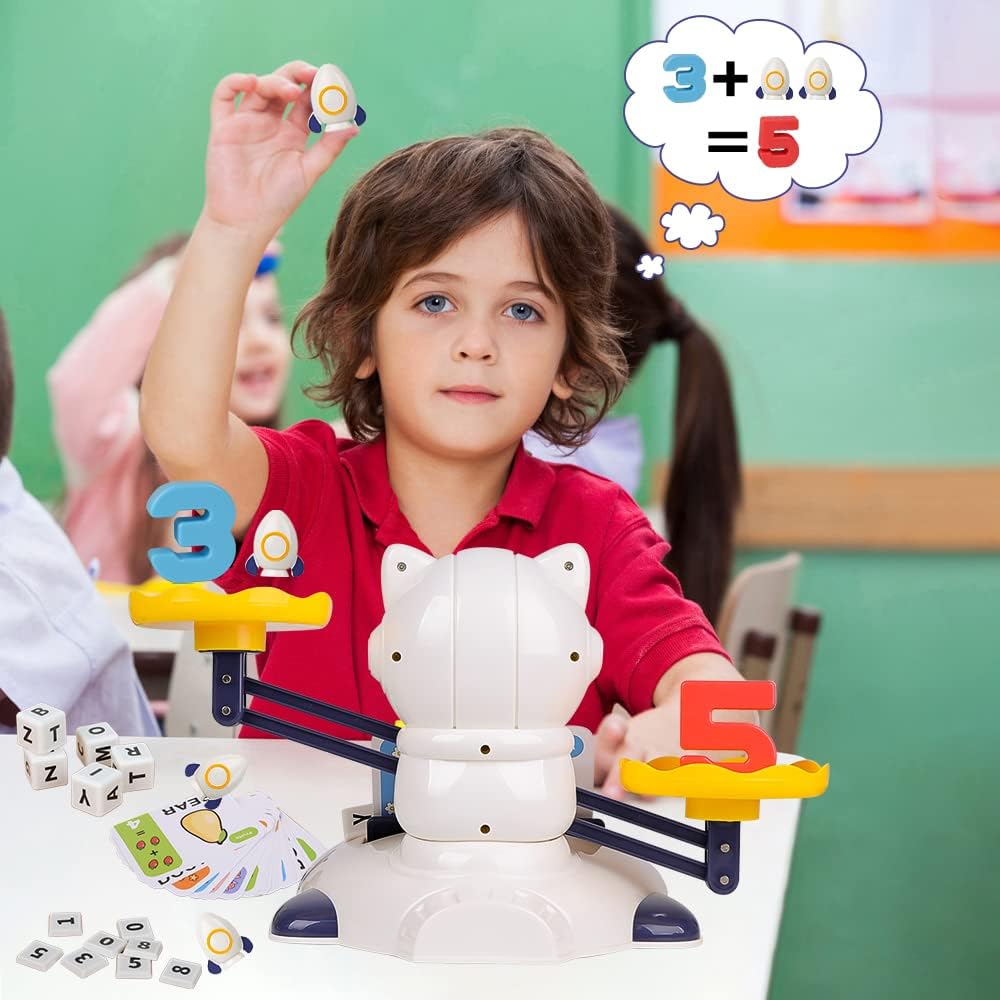 3 in 1 Math Game Toys for Kids 3 4 5 6 7 Year Old, Preschool Learning Activities for Toddlers, Space Balance Learning Toys with Spelling Counting & Reading, Flash Cards Gifts for Boys Girls