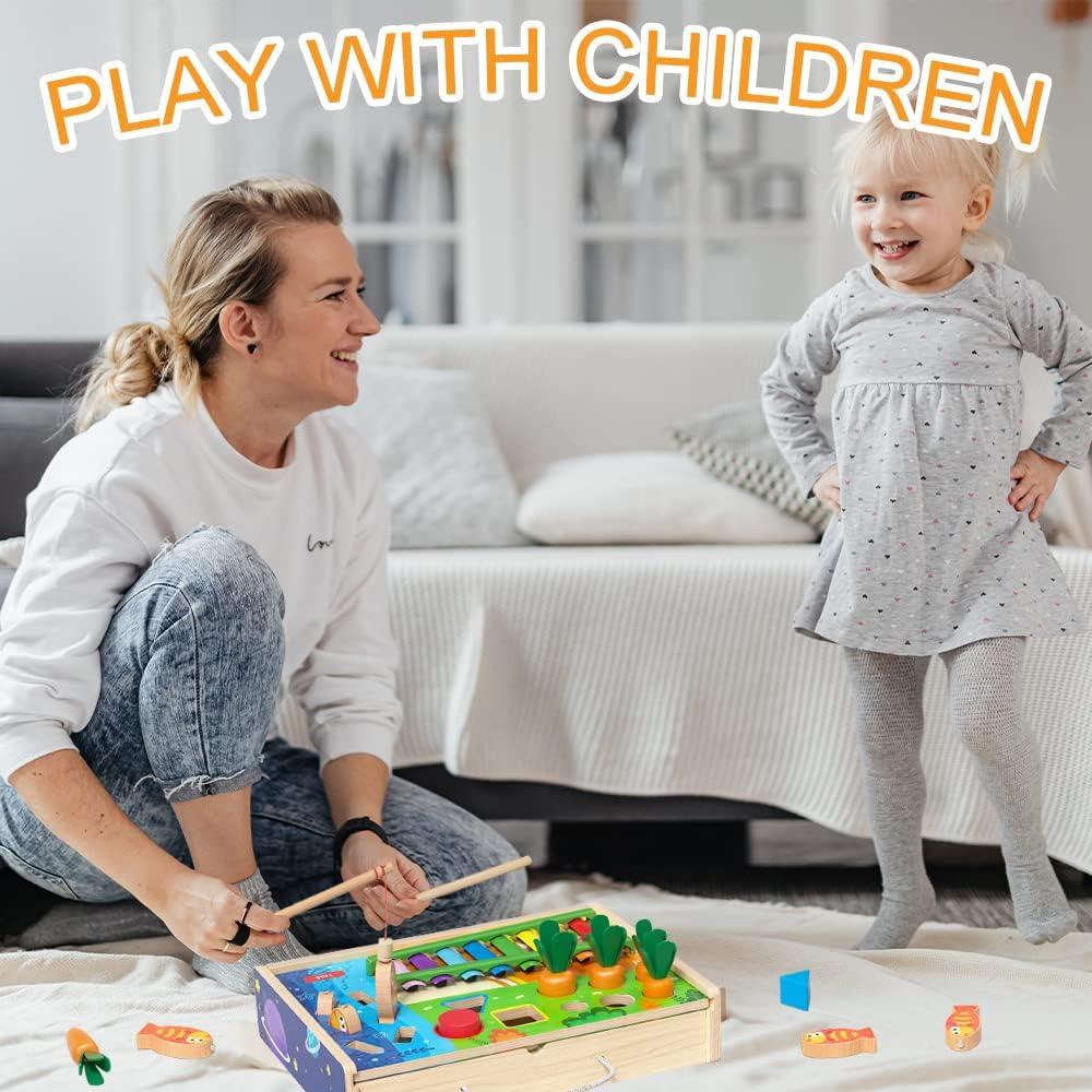 Wooden Hammering Pounding Toys 4-in-1 Toys with Xylophone,Shape Sorting,Magnetic Fishing,Carrots Harvest Game Early Development Educational Learning Toys for Toddlers Age 3-5