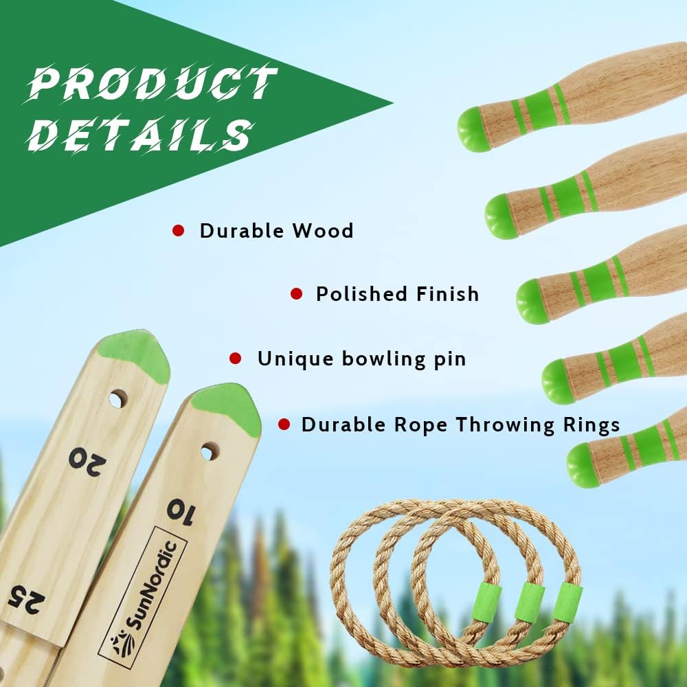 Wooden Ring Toss Game Set, Combined 2 in 1 Backyard Throwing Game and Bowling Game with 6 x Rope, 2 x Ball, 10 x Bowling Pin & Carry Bag, Outdoor Yard Toss Game for Kids, Adults and Family