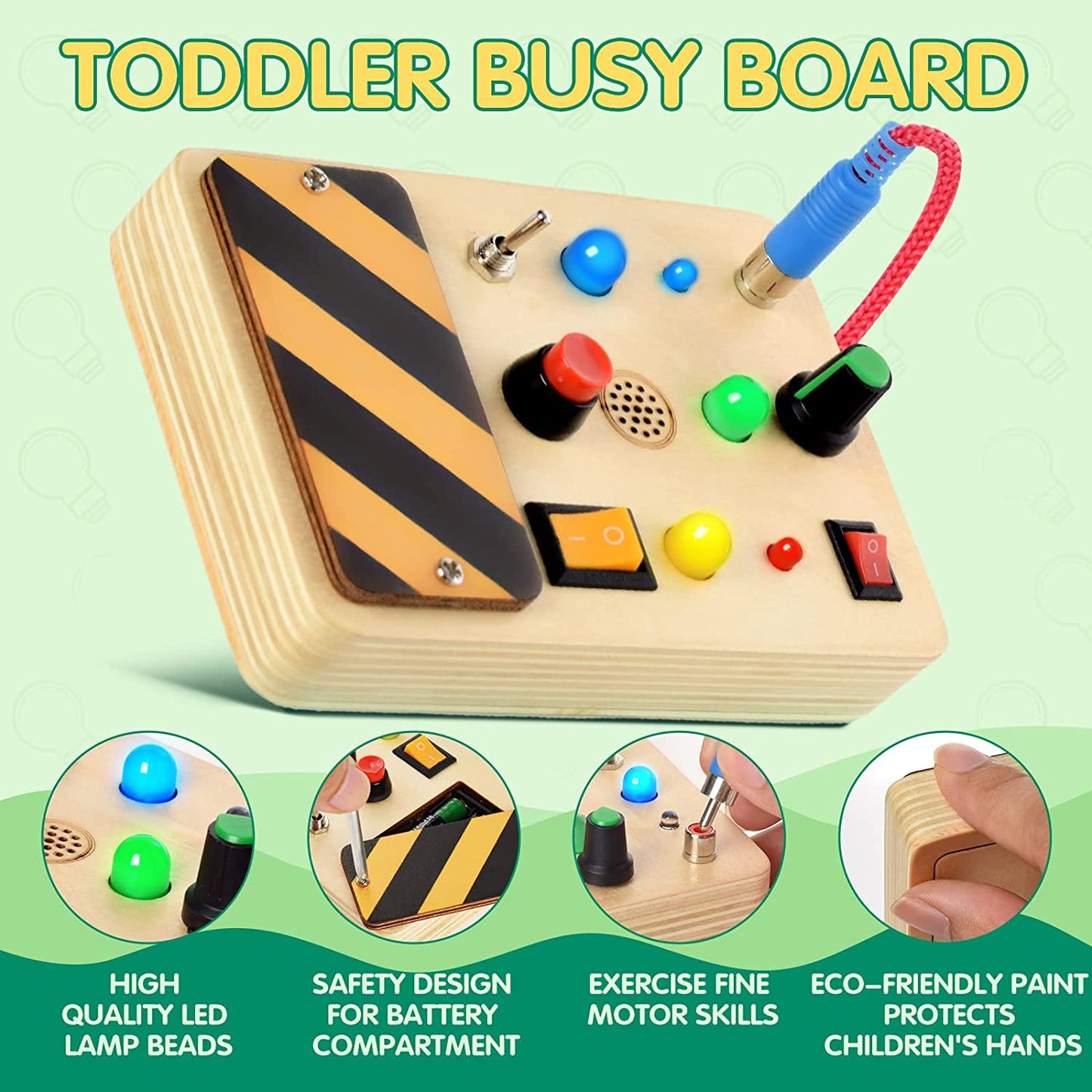 Busy Board with LED Light, Sensory Toys for Toddlers 1-3, Toys with Toggle Switch, Travel Toys for Educational Toddler Activities for 1 2 3 4 Year Old Boys & Girls