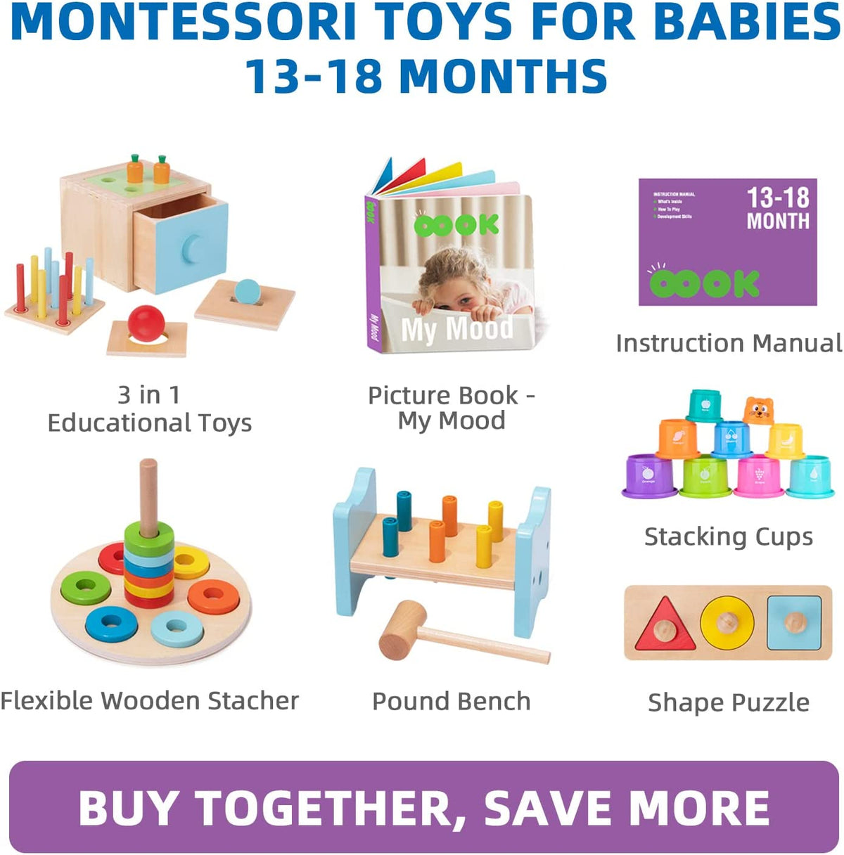Toys for 1 2 3 Year Old, 8 in 1 Learning Educational Set Wooden Toys (Includes Stacking Cups, 3 in 1 Educational Box, Pound Bench, Shape Puzzle and More)…