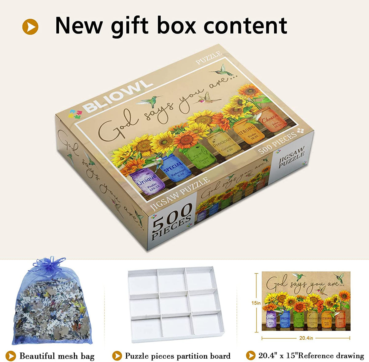 Sunflower Puzzle 500 Piece Puzzles for Adults - Retro Sunflowers and Farmhouse Yellow Flower Hummingbird Animal Inspirational Wooden Jigsaw Puzzles for Family Activities Games - God Says You are