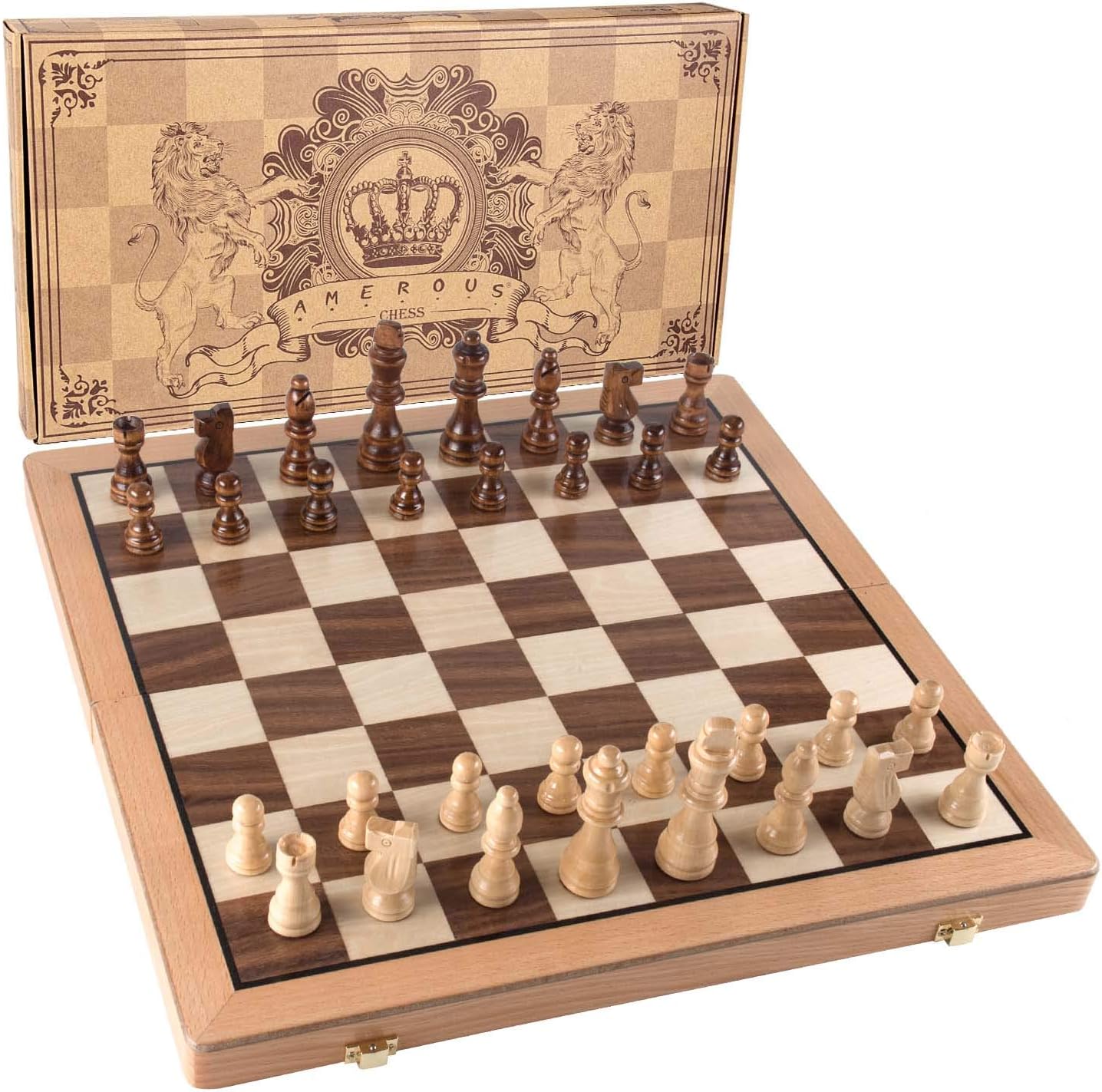 Magnetic Wooden Chess Set, 15 Inches Handmade Wooden Folding Travel Chess Board Game Sets with Chessmen Storage Slots for Kids and Adults, 2 Bonus Extra Queens, Gift Box Packed