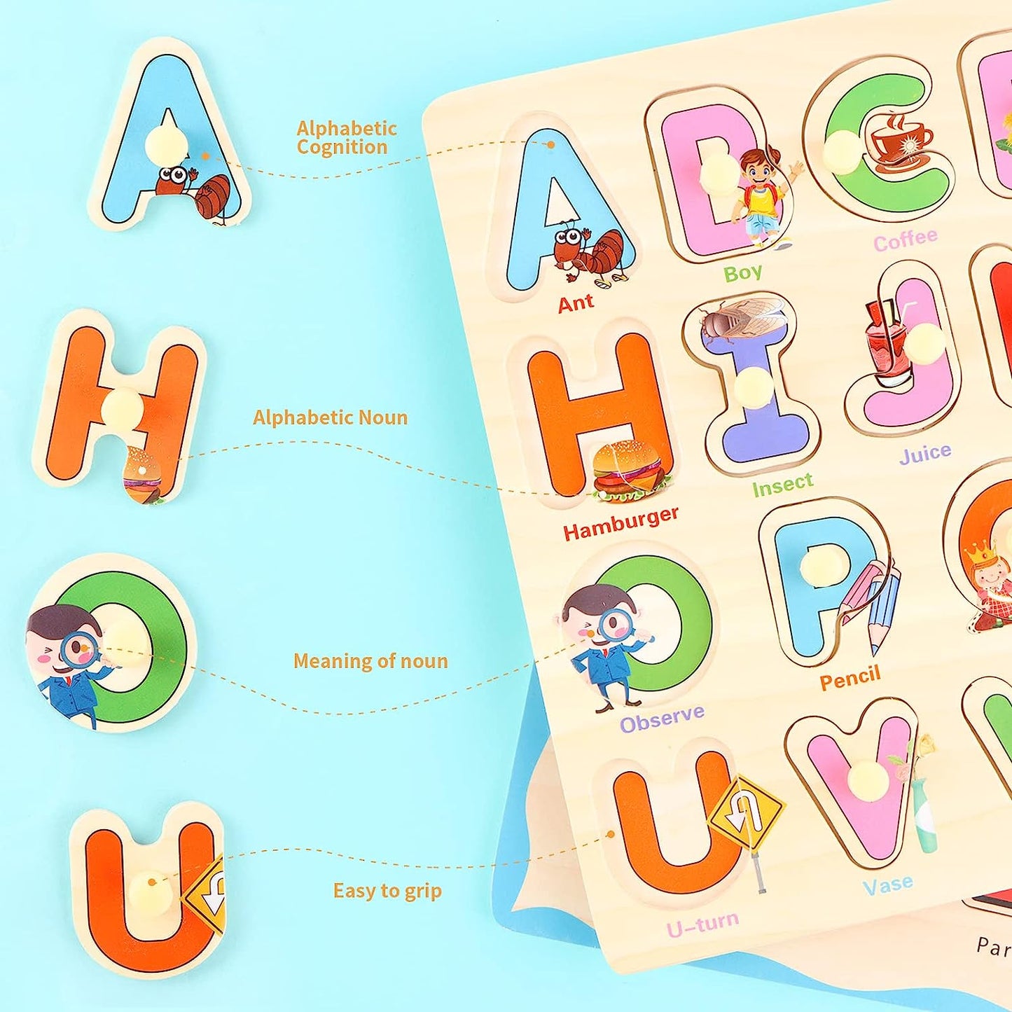 Wooden Toddler Puzzles, Wooden Peg ABC Alphabet Number Shape Puzzles Toddler Learning Puzzle Toys for Kids 1-3 Years Old Boys & Girls, Early Education Puzzle for Toddlers