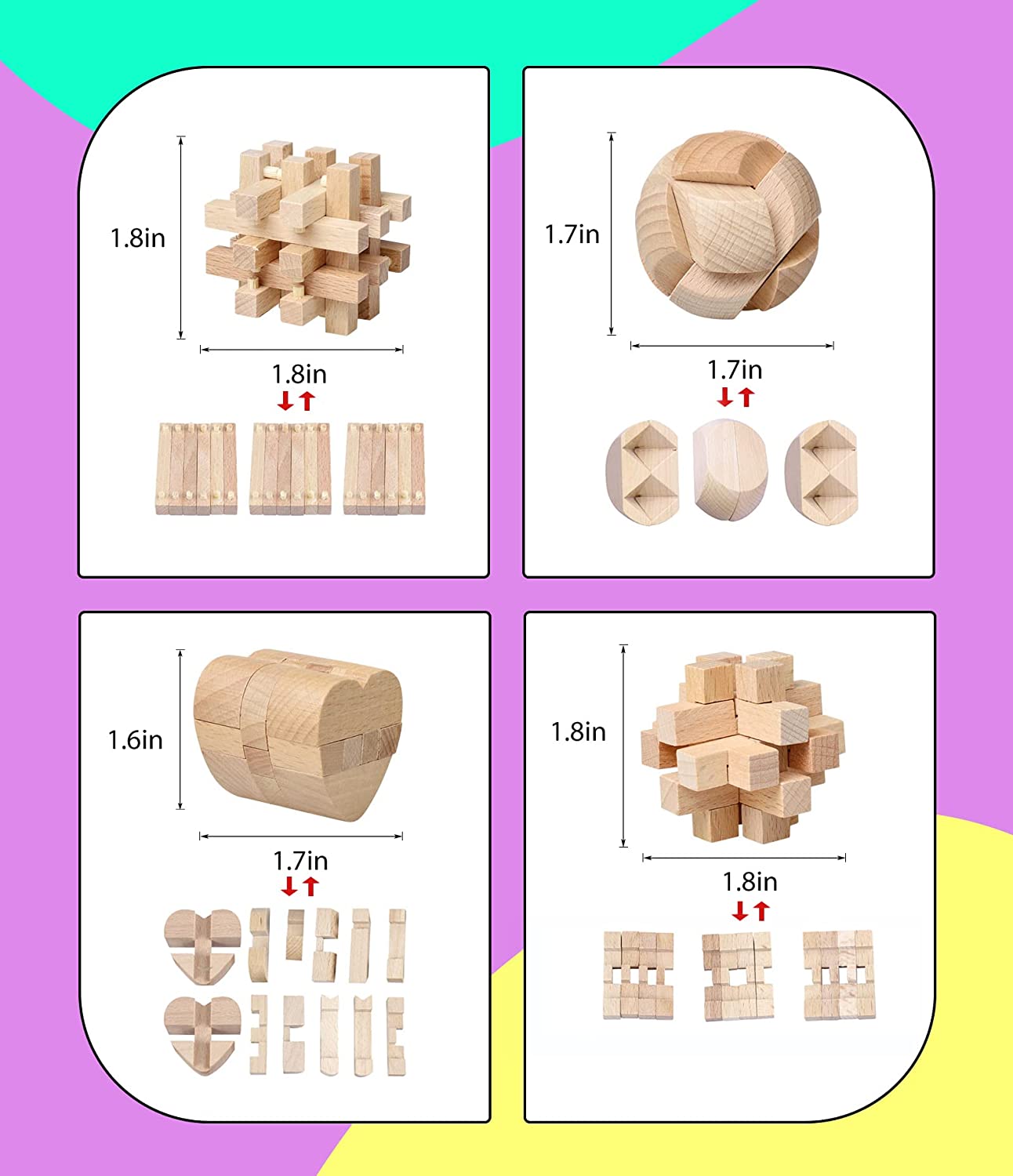 Brain Teaser Puzzles 28Pcs Unlock Interlock Game, IQ Logic Test Wooden and Metal Puzzles Game, 3D Puzzle Toy Brain Teaser for Kids and Adults, Mind Puzzle Brain Game Educational Toy Travel Games