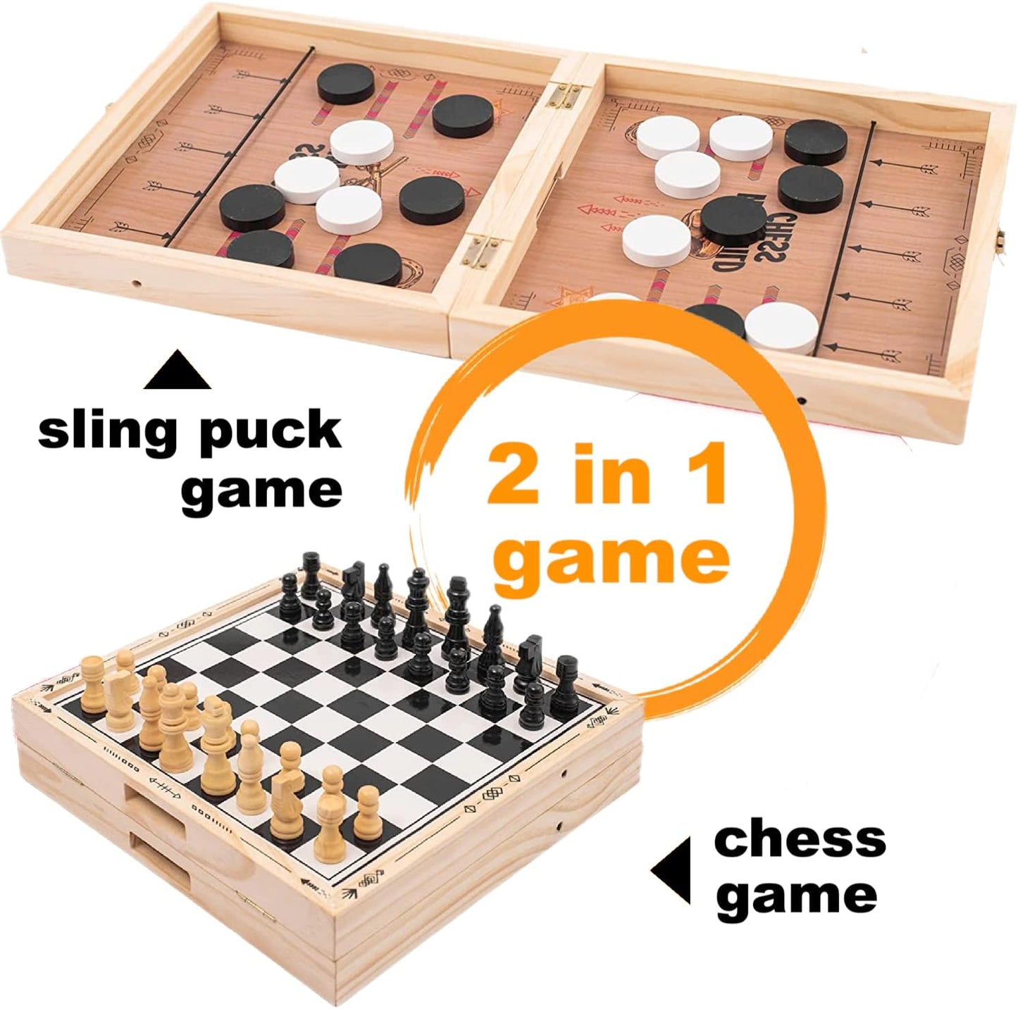 Fast Sling Puck Game Large Size 22 x 11 in Sling Puck & Chess Game 2-in-1 Foldable Sling Football Game Set, Wooden Hocky Game - Excellent Gift Idea for Kids and Adults (Western Theme)