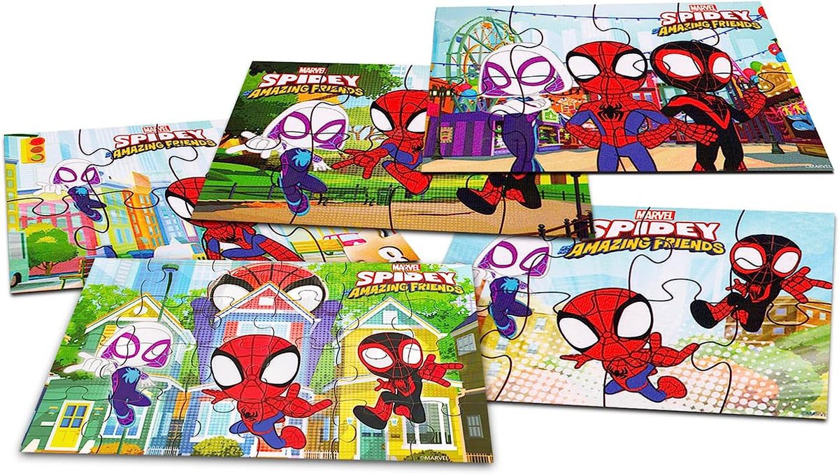 Spidey and Friends Wood Puzzle for Kids Ags 3-5 - Bundle with 5 Spiderman Wood Puzzles, Plus Tattoos, More | Spidey and His Amazing Friends Toys for Boys, Girls