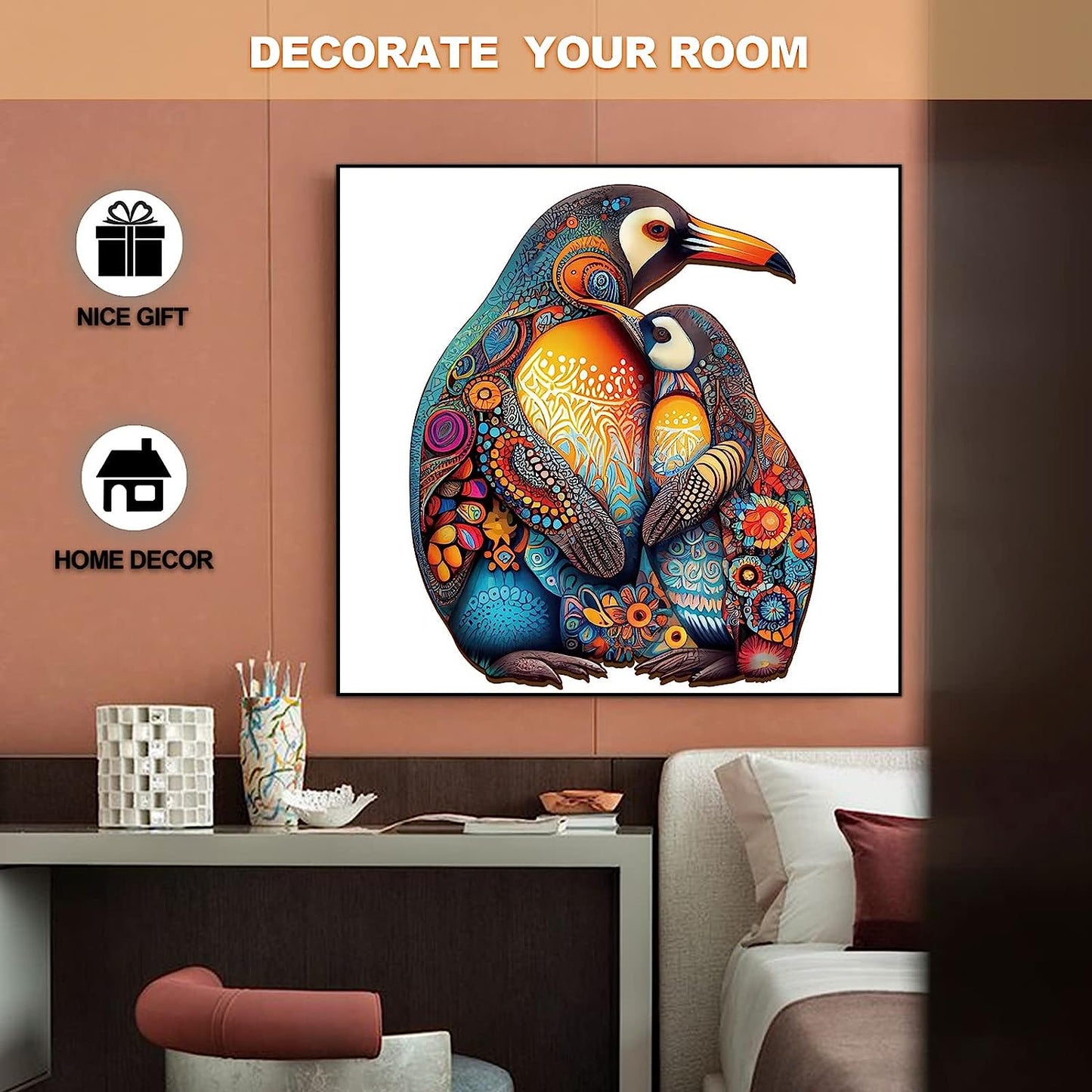 Wooden Puzzle for Adults and Kids, 15.7 * 12.8in Wooden Puzzles with Unique Colors and Shapes, Wooden Jigsaw Puzzle Perfect for Family Game and Gifts(Penguin Family-300pcs)