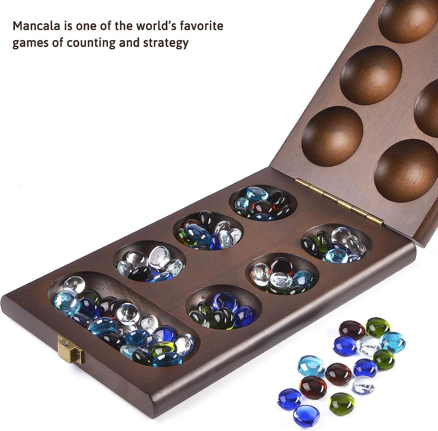 Wooden Mancala Board Game Set with 72+8 Bonus Multi Color Glass Stones - Folding Board - Mancala Instructions - Gift Package, Classic Family Board Game for Ages 6 to Adults, Tabletop Version