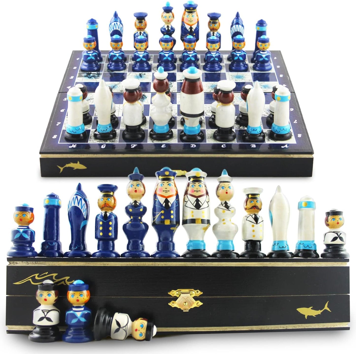 Navy Sailors Themed Chess Set - Wooden Chess Pieces Matryoshka Dolls - Family Board Games - Russian Souvenir Chess Sets Nautical Decor - Chess Gifts