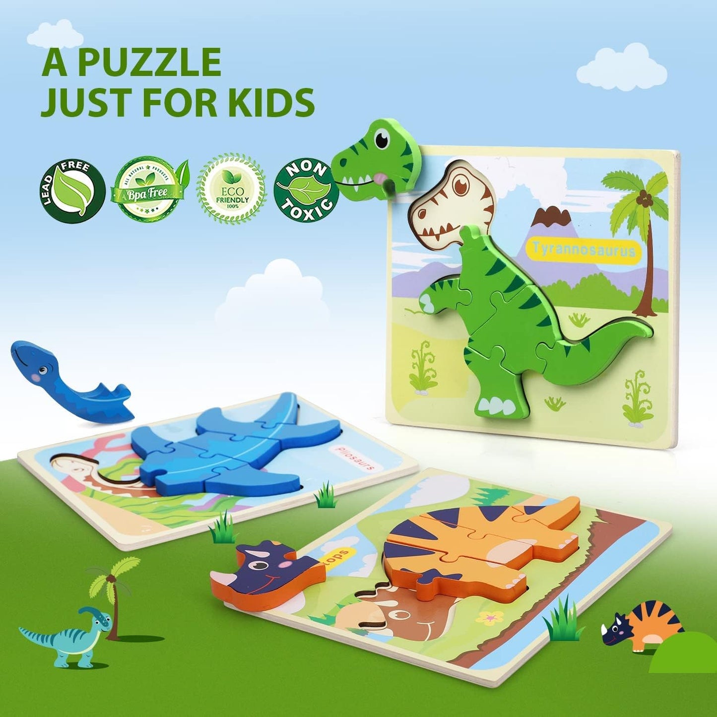 Dinosaur Puzzles for Kids, Toddler Puzzles Ages 1-3-5, Wooden Puzzles for Kids 3-5, Toys for 1 2 3 4 Year Old Girl Boy, Dinosaur Toys for Kids Toddlers, Learning Toys Gift for Kids