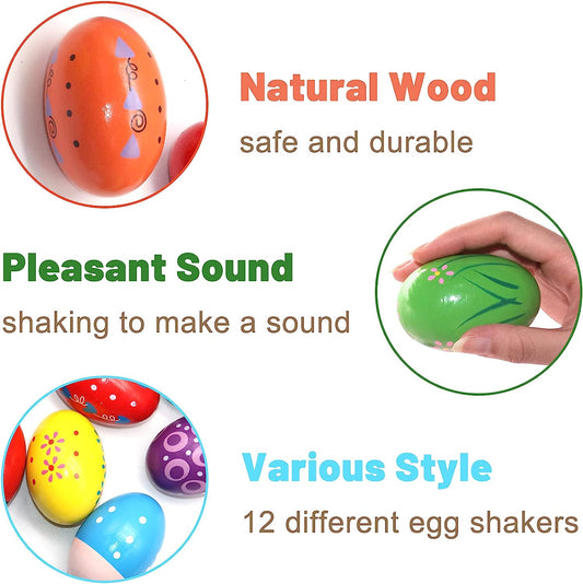 Egg Shakers, 12Pcs Egg Shakers Musical Instruments, Egg Shakers for Babies, Easter Shaker Eggs, Wooden Baby Shaker Toy, Maracas for Toddlers 1-3, Musical Instruments(Wood)