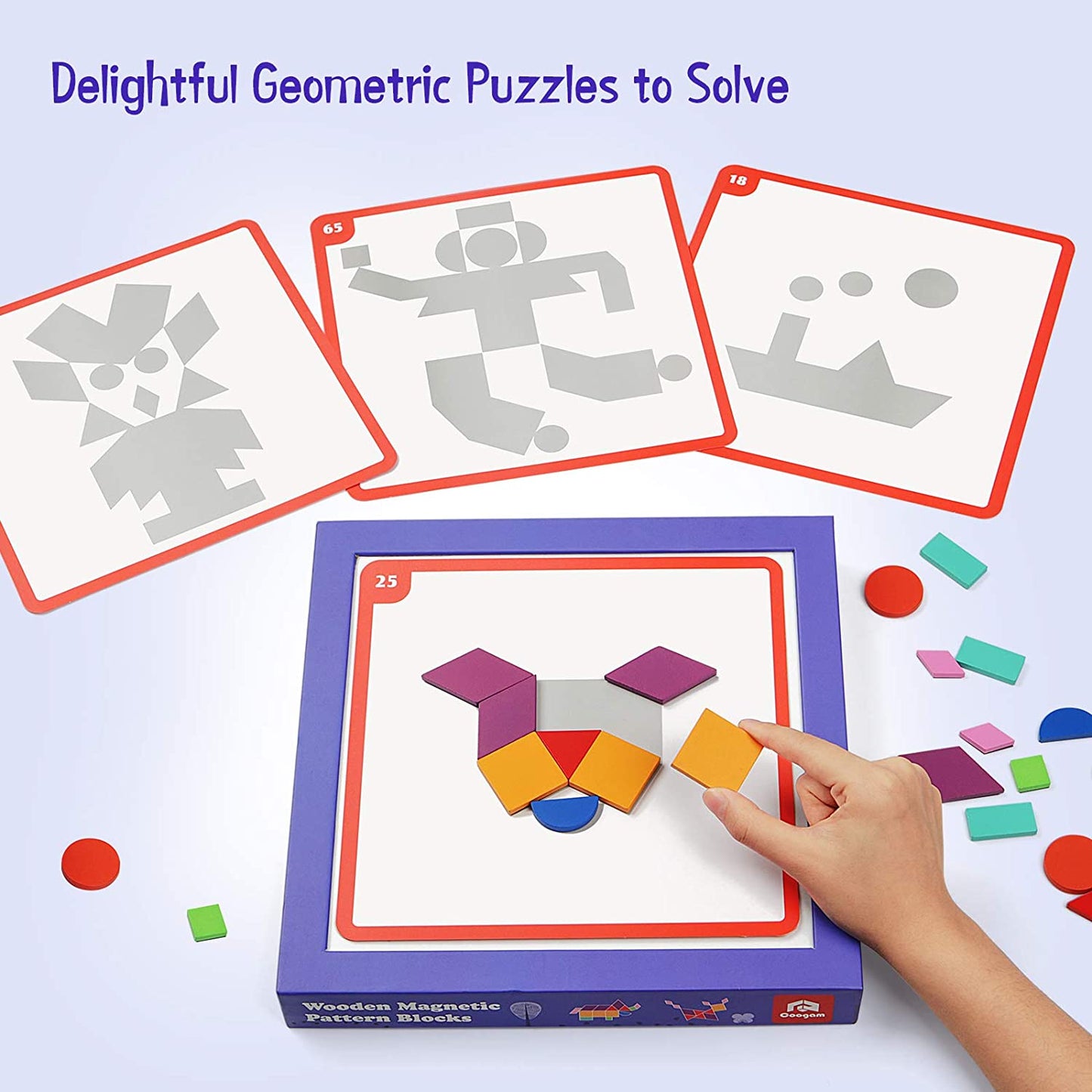 Wooden Magnetic Shape Puzzle Pattern Blocks Set, Tangram Geometric Manipulative Brain Teasers Toy Magnet Board Puzzle STEM Gift for Kids with 80 Challenges