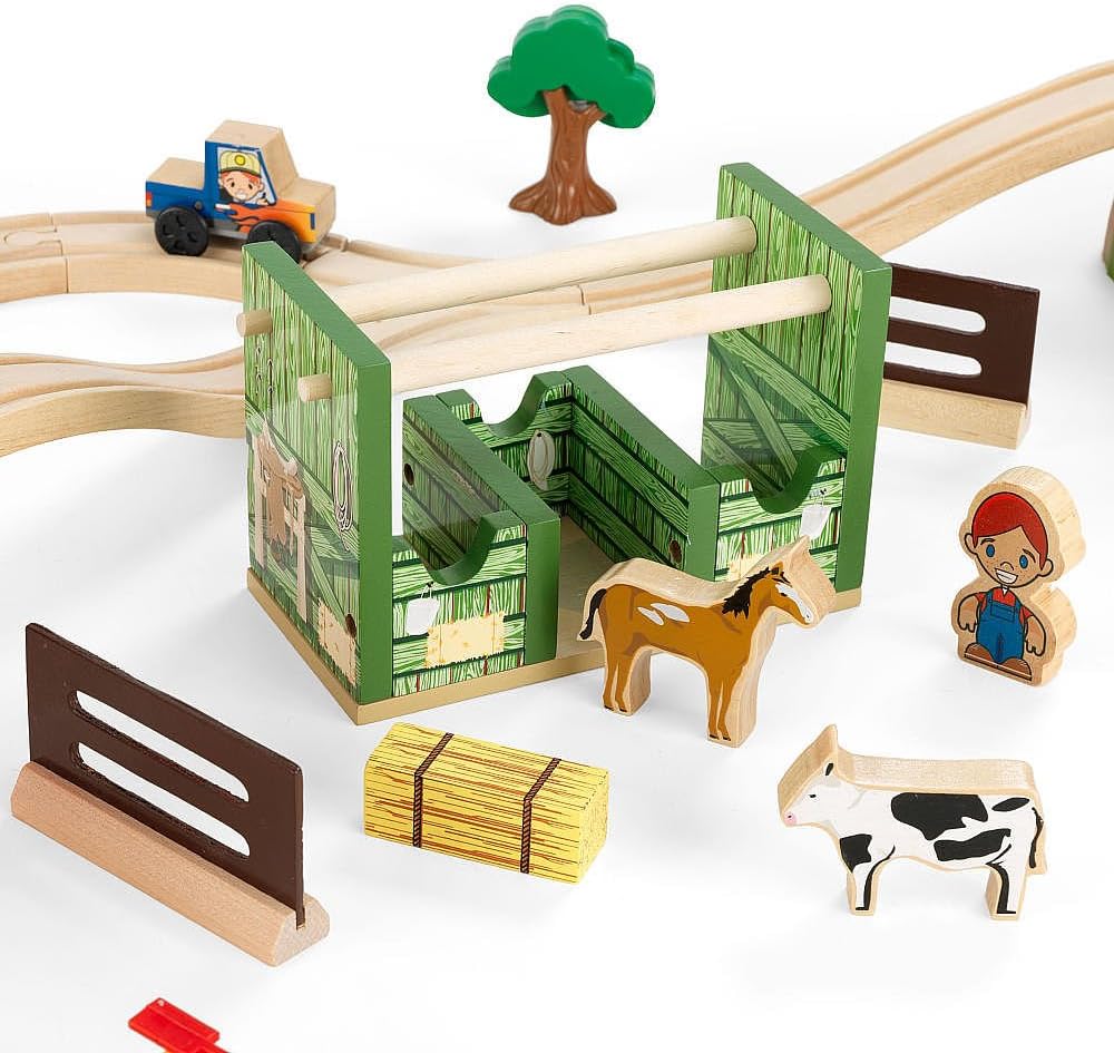 Wooden Rural Farm Train Set with 75 Pieces, Children's Toy Vehicle Playset, Gift for Ages 3+