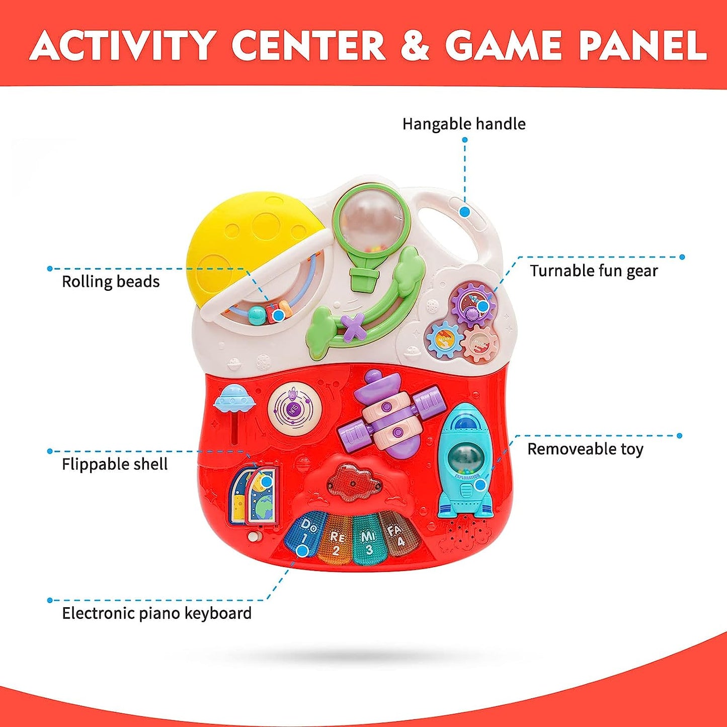 Baby Walker Sit-to-Stand Learning Walker Kids Activity Center Entertainment Table Lights & Sounds & Music & Rotating Gear & Rocket Rattle & Steering Wheel Educational Push Toy for Babies Toddlers(Red)