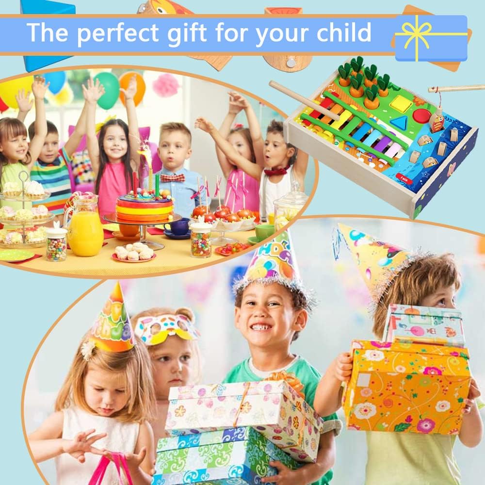 Wooden Hammering Pounding Toys 4-in-1 Multifunctional Game Box with Xylophone,Shape Sorting,Magnetic Fishing,Carrots Harvest Game Learning Educational Toys for Toddlers Age 3 Years Up