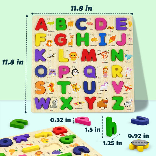 Wooden Alphabet Puzzle for Toddlers Ages 2-4 Years Old, Classic ABC Learning Pegged Preschool Puzzles Set -Chunky Educational Letters Puzzles Boards for Boys and Girls