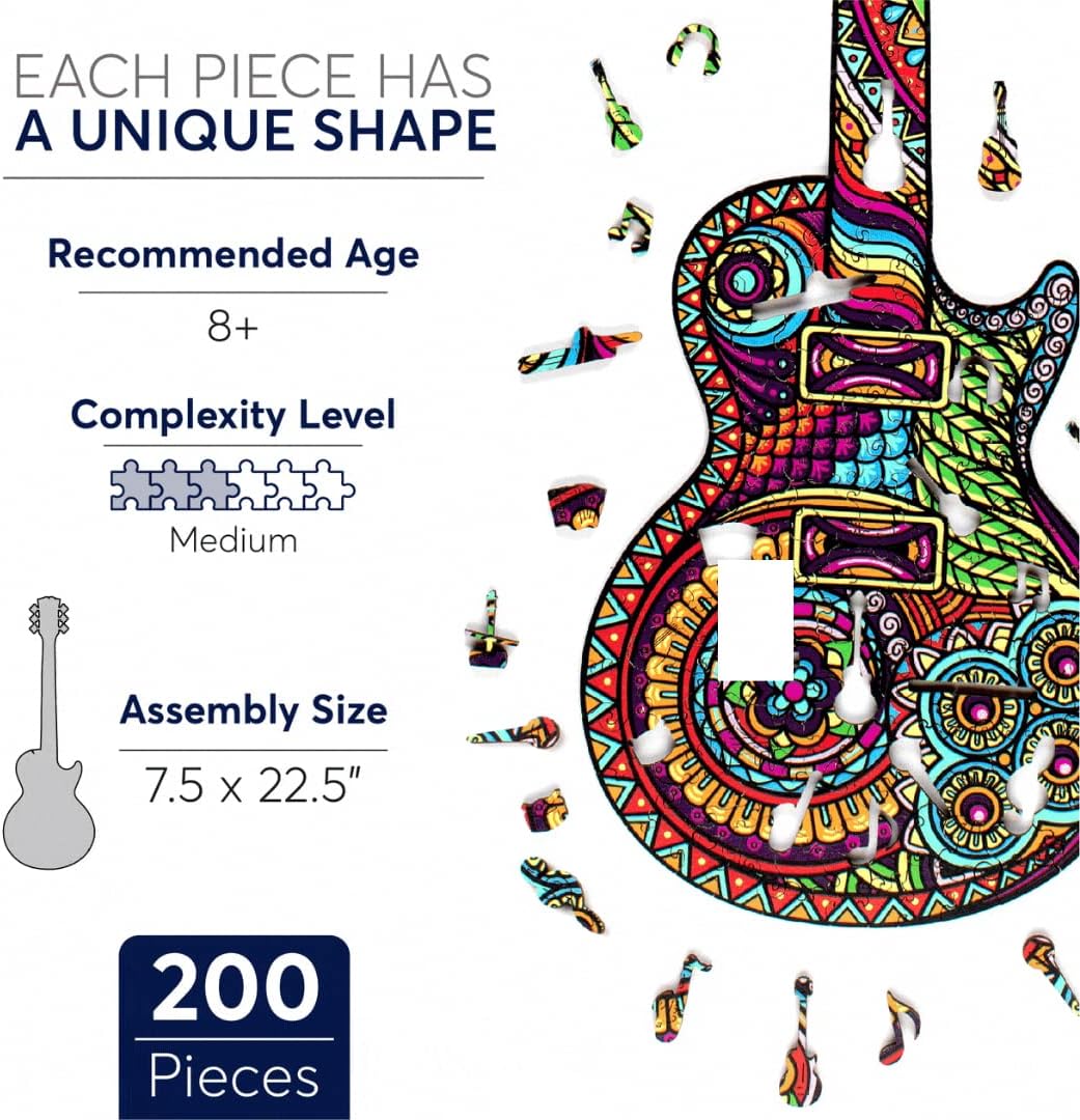 Guitar 500 Piece Wooden Jigsaw Puzzle for Adults - Uniquely Shaped Pieces with Durable Construction - Perfect for Birthday Gifts, Game Nights and Camping