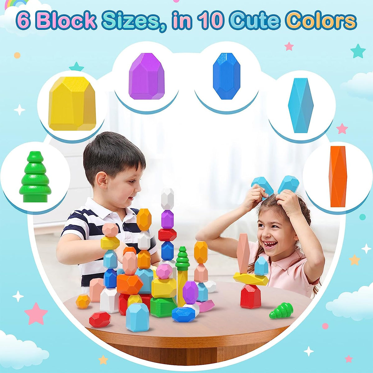 40PCS Wooden Stacking Rocks Toys, Toys for 1 2 3 year old, Stacking toys for Toddlers, Sensory STEM Preschool Learning Building Blocks Toys for Kids age 3-5, Kids Games Gifts for Boys Girls