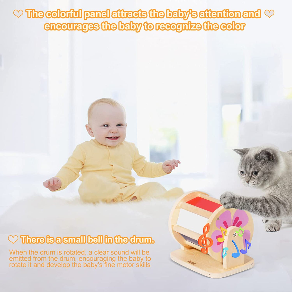 Toys for Babies 6-12 Months, Rainbow Wooden Spinning Drum Toys Baby Sensory Toys for 1 Year Old Baby Infant Tummy Time Toys with Mirror