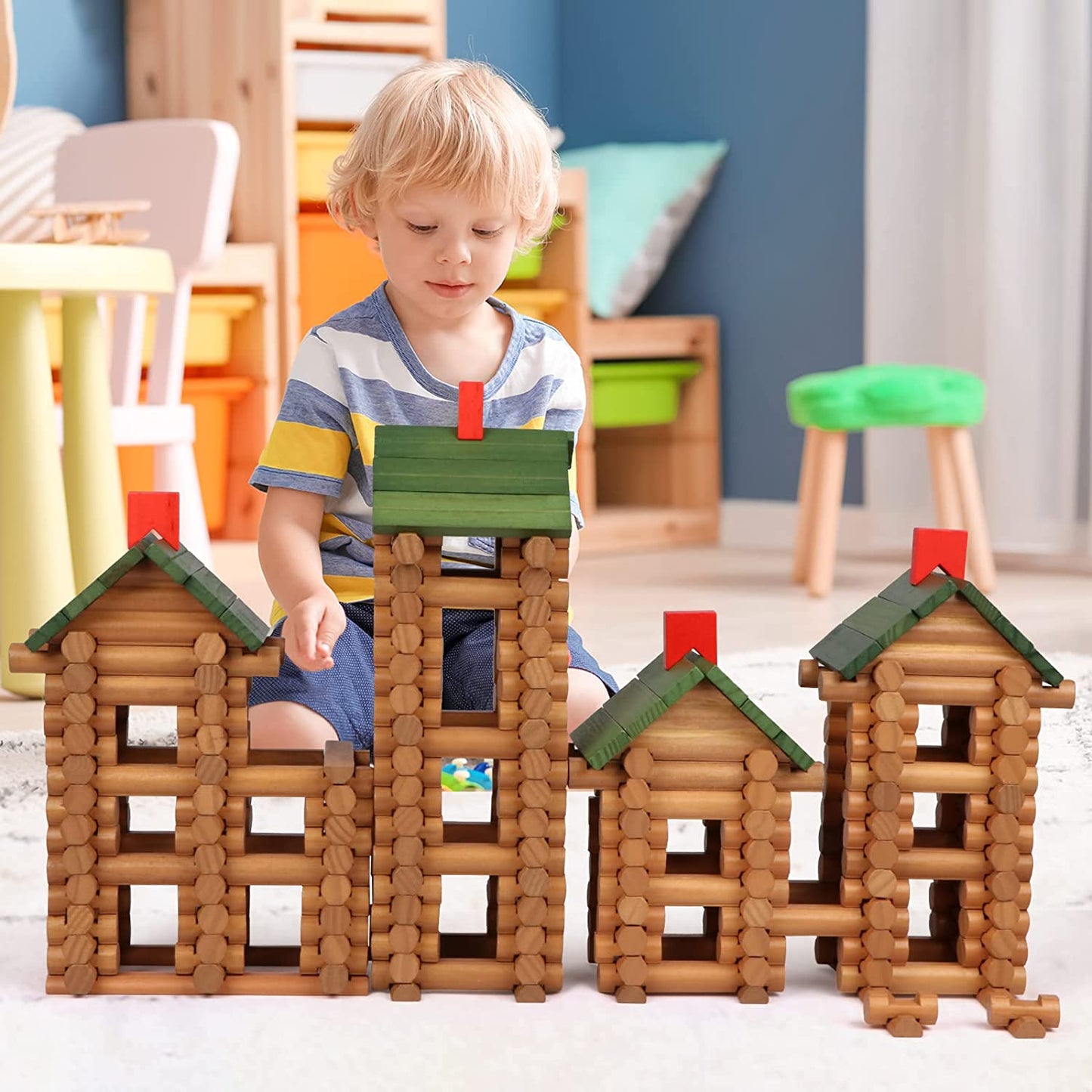 530 Pcs Wooden Logs Set Ages 3+, Classic Building Log Toys for Boy, Creative Construction Engineering Educational Gifts