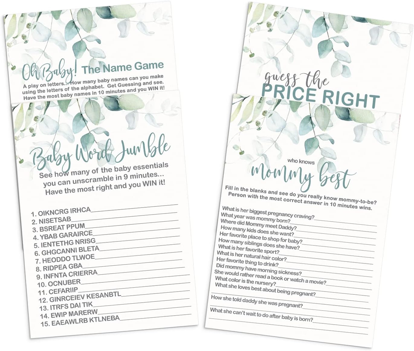 Greenery Baby Shower Games for Girls (25 Guests) 4-in-1 Double-Sided Guess the Price Right, Who Knows Mommy Best, Word Scramble, Alphabet Name Activity Cards Rustic Eucalyptus Bundle Pack