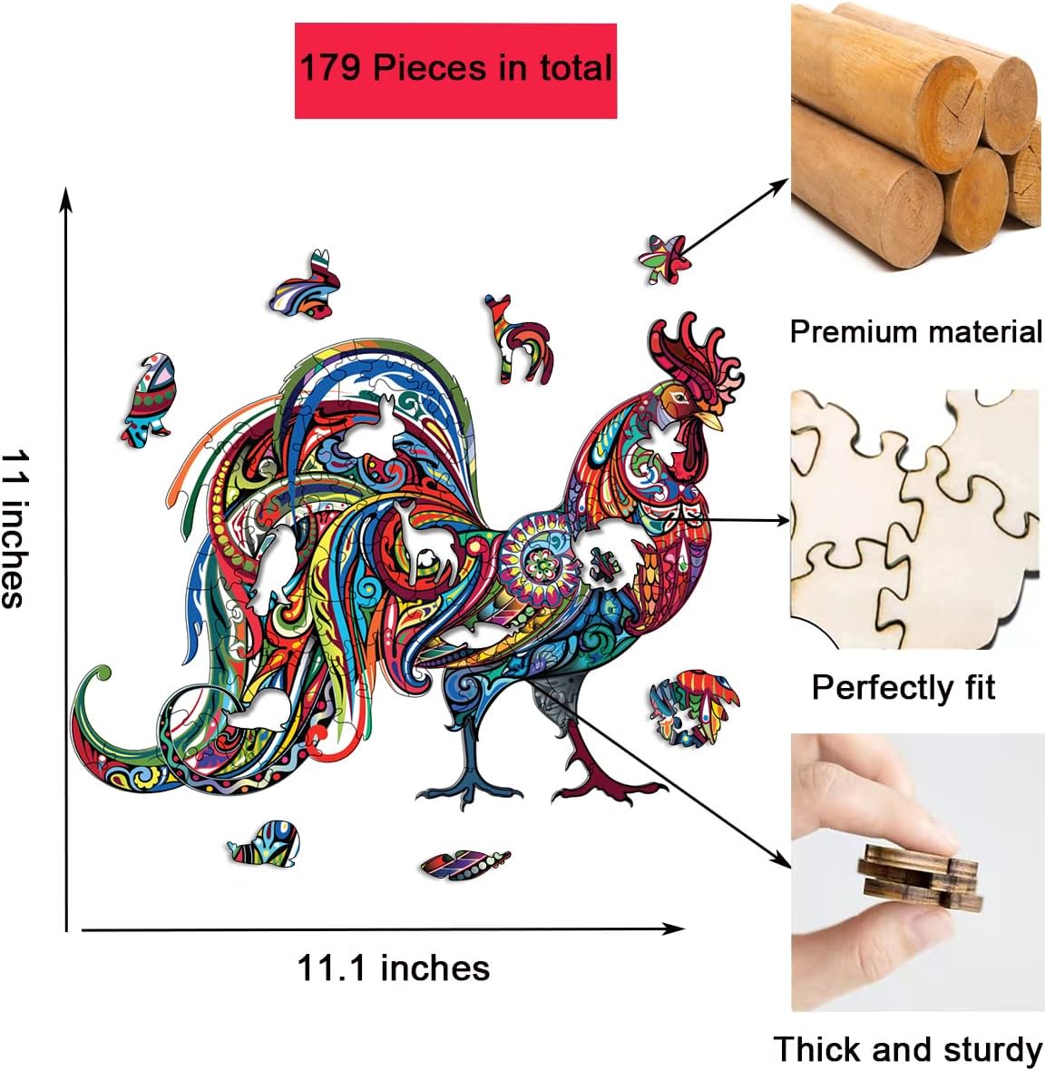 Wooden Puzzle for Adults, Unique Animal Shaped Wooden Jigsaw Puzzles with 179 Pieces, Sturdy Laser Cut Wood Jigsaw Puzzles, Good Families Games and Gifts (Rooster, Large Size)