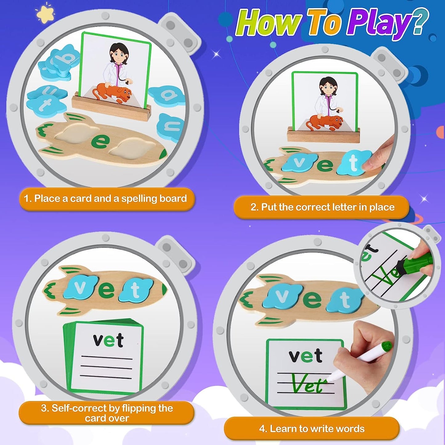 Wooden CVC Word Spelling Games Rocket Shape Short Vowel Writing Sorting Reading Games Sight Words Flash Cards Kindergarten Preschool Learning Activities Educational Toys for 3+ Years Old