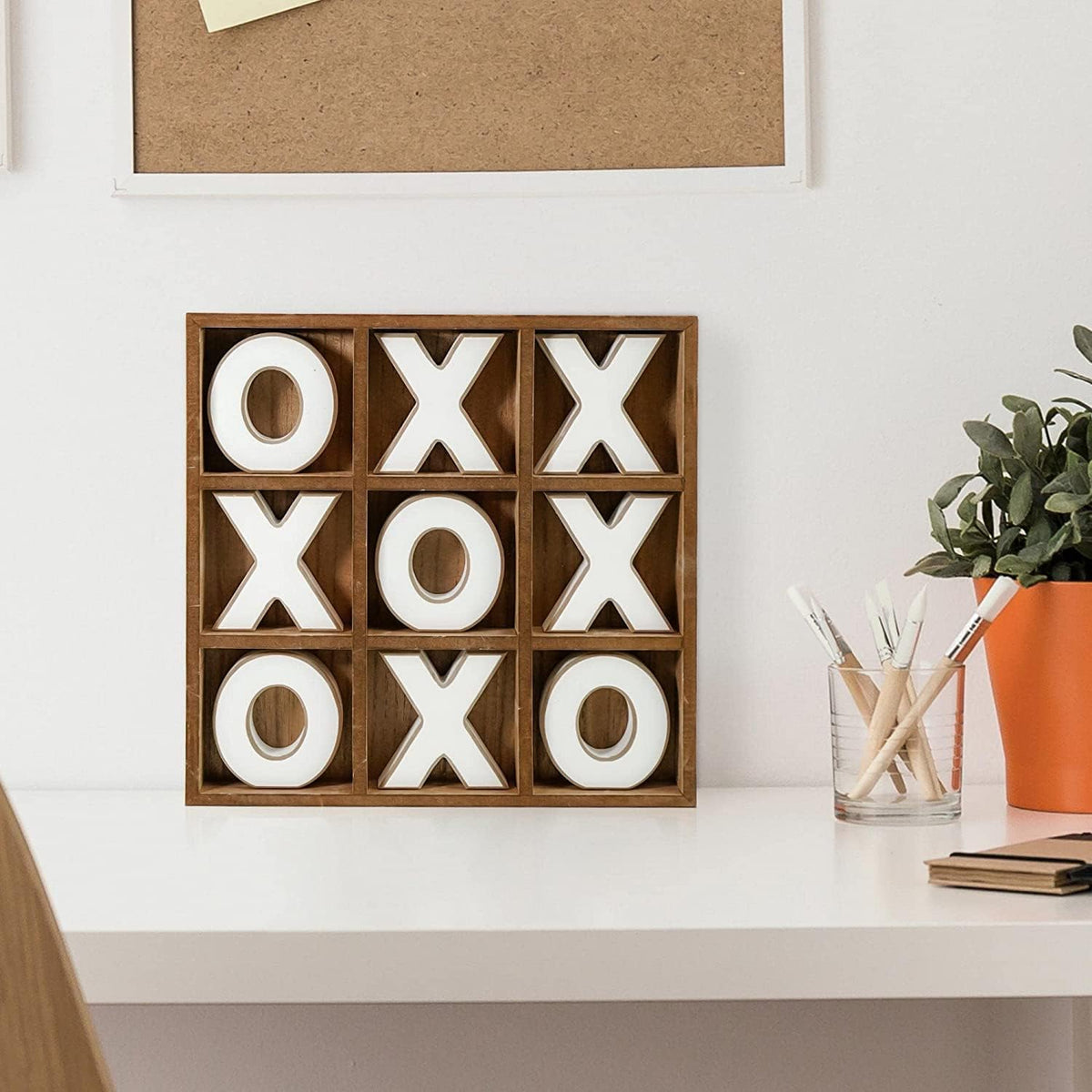 Wood Tic Tac Toe Board Game Set Rustic Tabletop Decor for Family, Kids, Adults, Living Room Coffee Table (11.8" x 11.8") - Brown