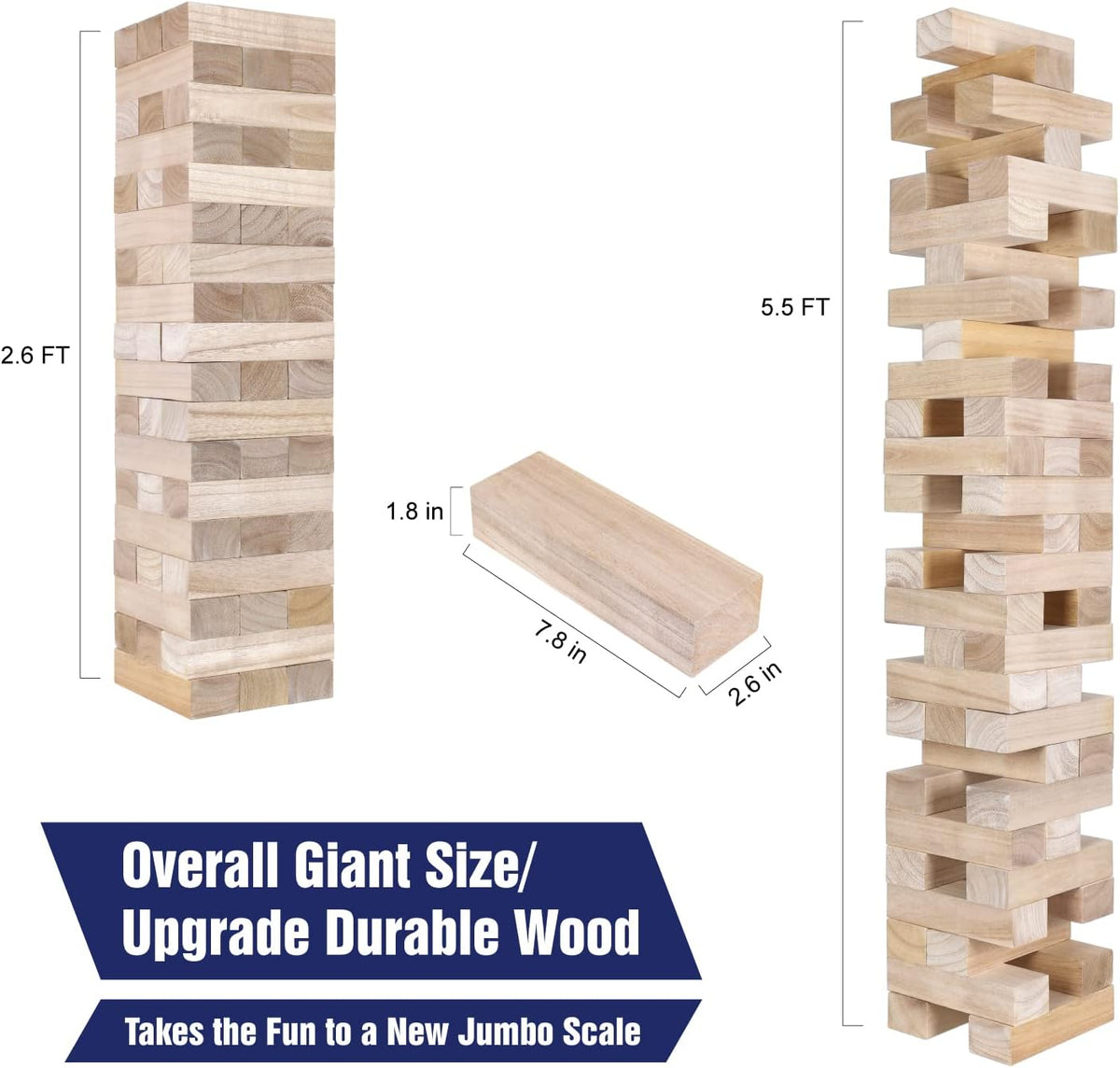 Giant Wooden Tumbling Tower Game, Grows to Over 5.5 FT 54pcs Jumbo Yard Games with Carry Case Outdoor Timber Stacking Game Night Toy Gift for Kids Adults Family